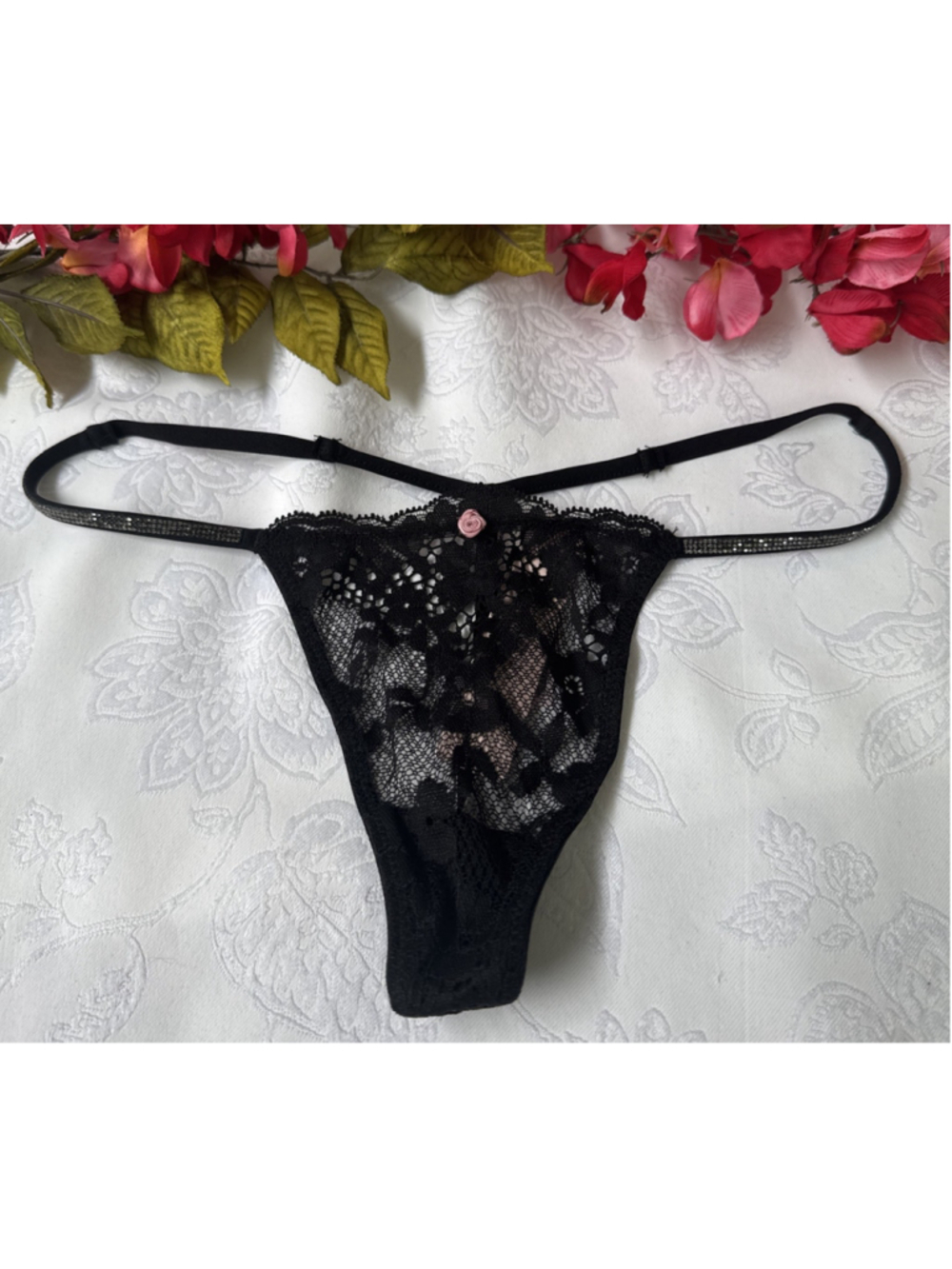 VICTORIA'S SECRET XS BLACK DREAM RHINESTONE SHINE STRAP V STRING THONG PANTIES